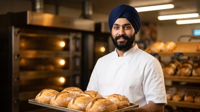 A young Sikh man in a navy turban and white baker's jacket holds a tray of fresh crusty loaves in a UK supermarket in-store bakery.