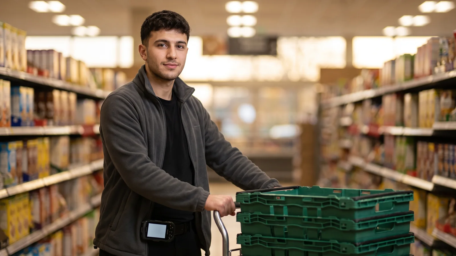 An online shopping picker in a plain fleece pushes a picking trolley of green crates down a quiet supermarket aisle in the early morning.