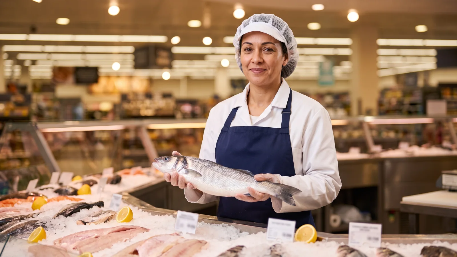 A fishmonger in a white coat and hairnet holds up a whole fresh sea bass above crushed ice at a supermarket fish counter.