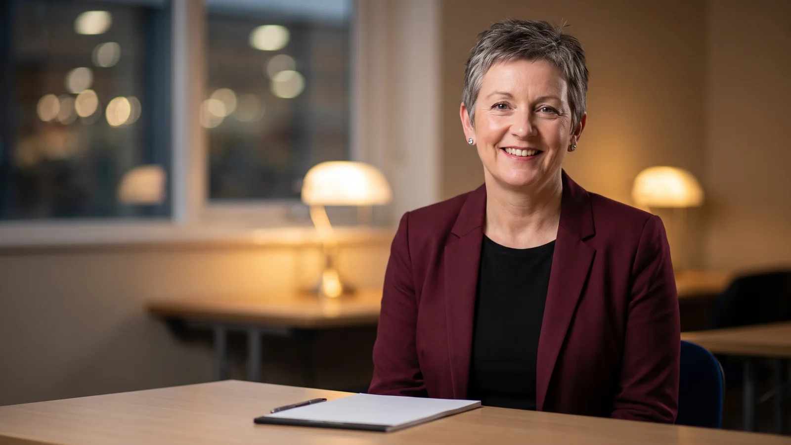 A smiling store manager with a blank notepad sits at a table in a supermarket training room, ready to interview a candidate.