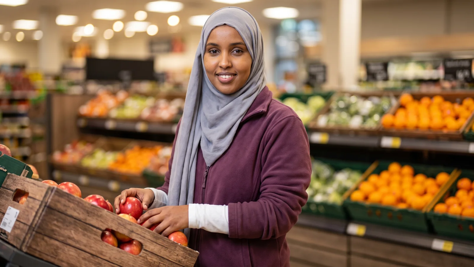 A supermarket customer assistant in a plain plum fleece arranges red apples on a fresh produce display and smiles towards the camera.