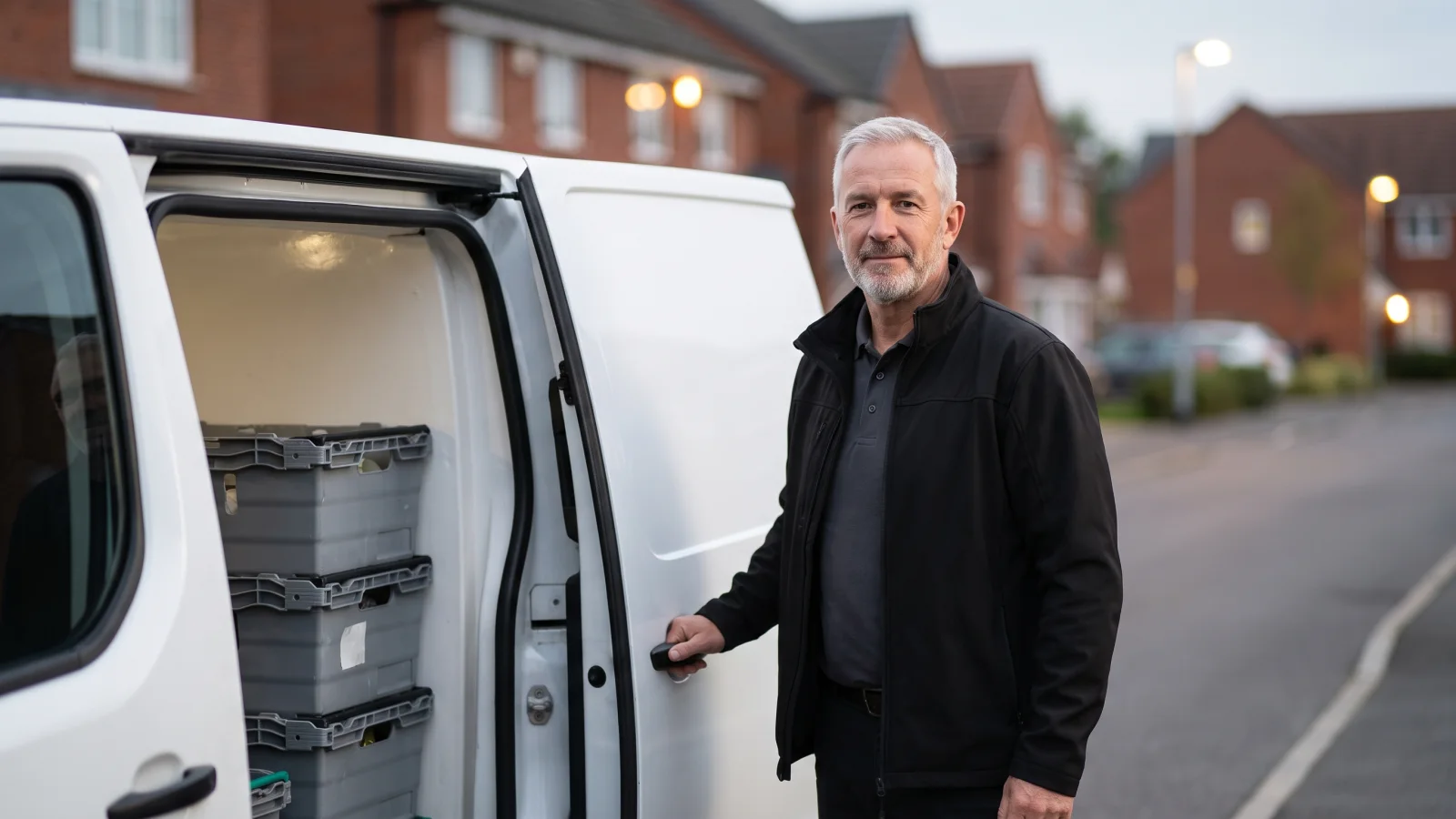 A grocery delivery driver in a plain black softshell jacket stands by the open side door of a white refrigerated van loaded with grey crates.
