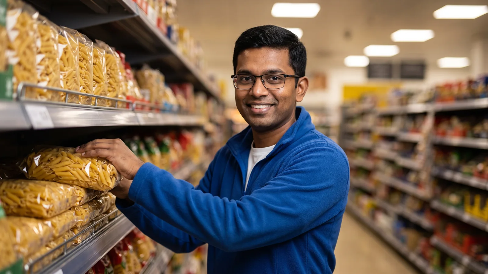 A store colleague in a plain blue fleece stacks packets of pasta on a shelf in the dry goods aisle of a large UK supermarket.