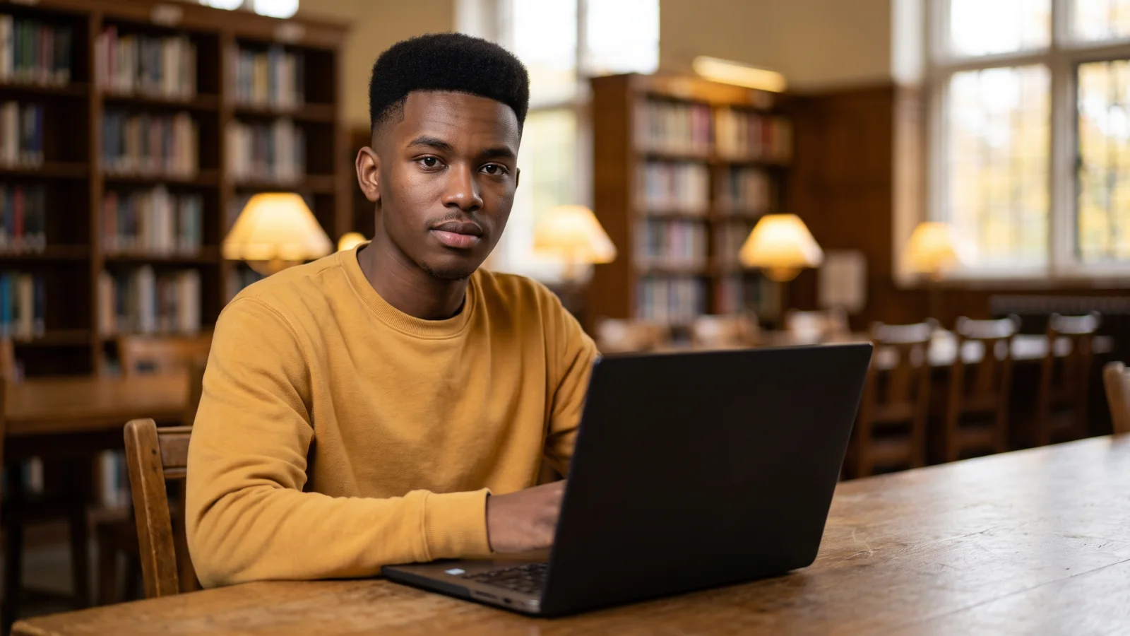 A young man sits at a public library table with a laptop, taking a short online job assessment on a quiet afternoon.
