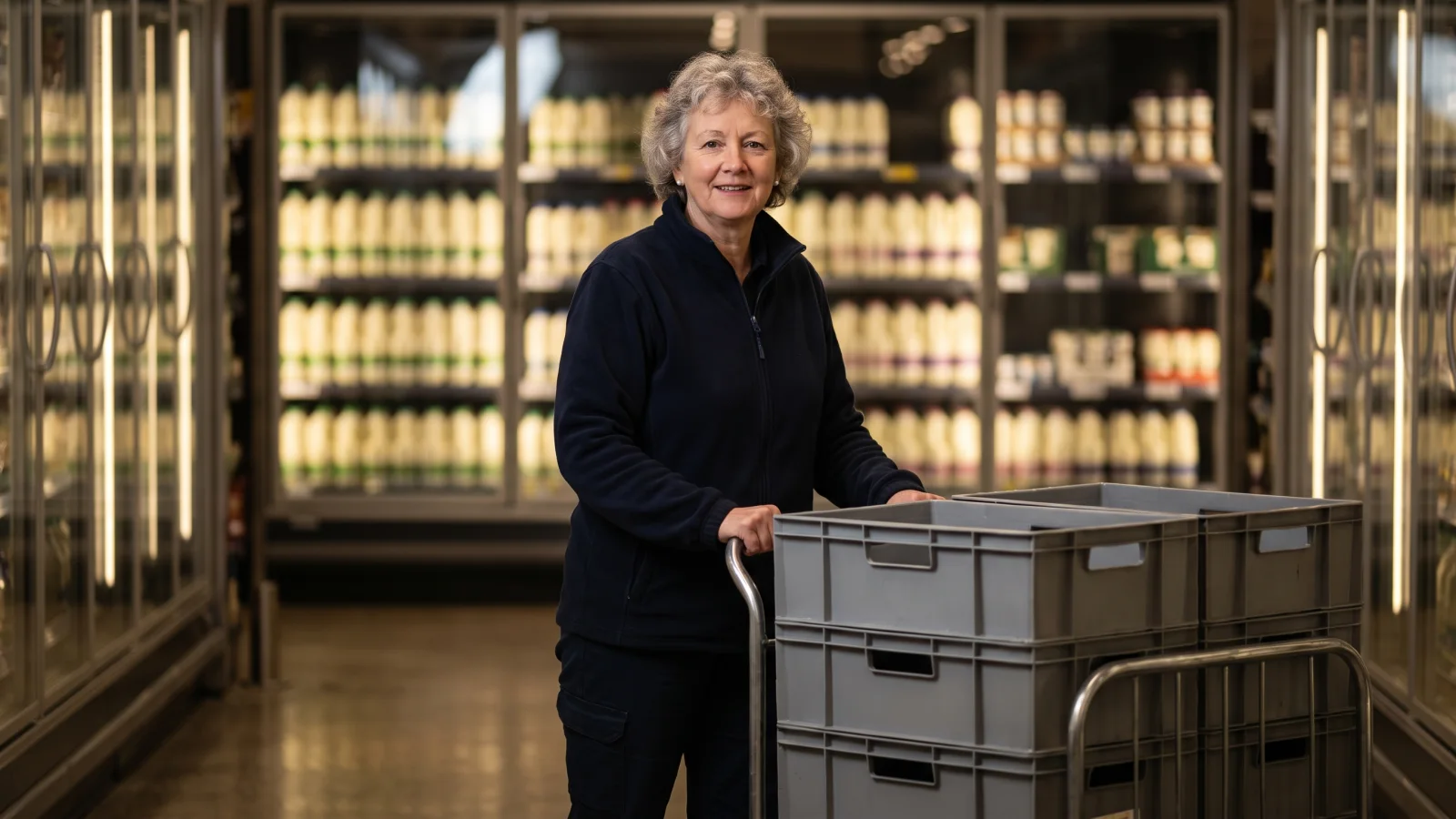An older online shopper in a navy fleece pushes a trolley of grey plastic crates down a chilled dairy aisle in the early morning.