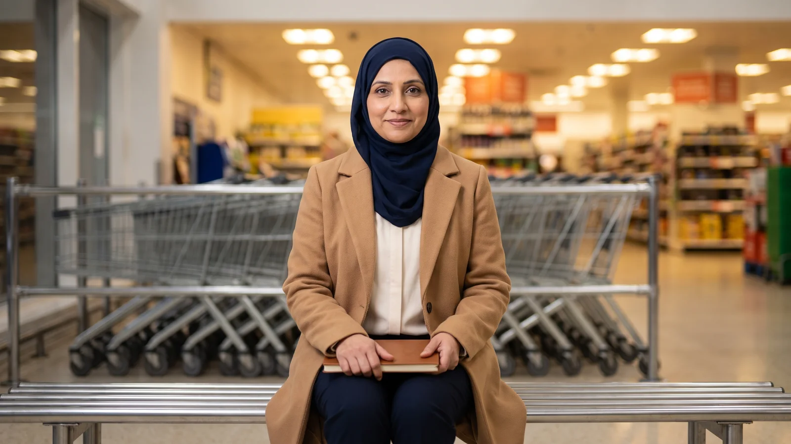 A woman in a navy hijab and camel coat sits on a bench inside a supermarket entrance, holding a closed notebook before her interview.
