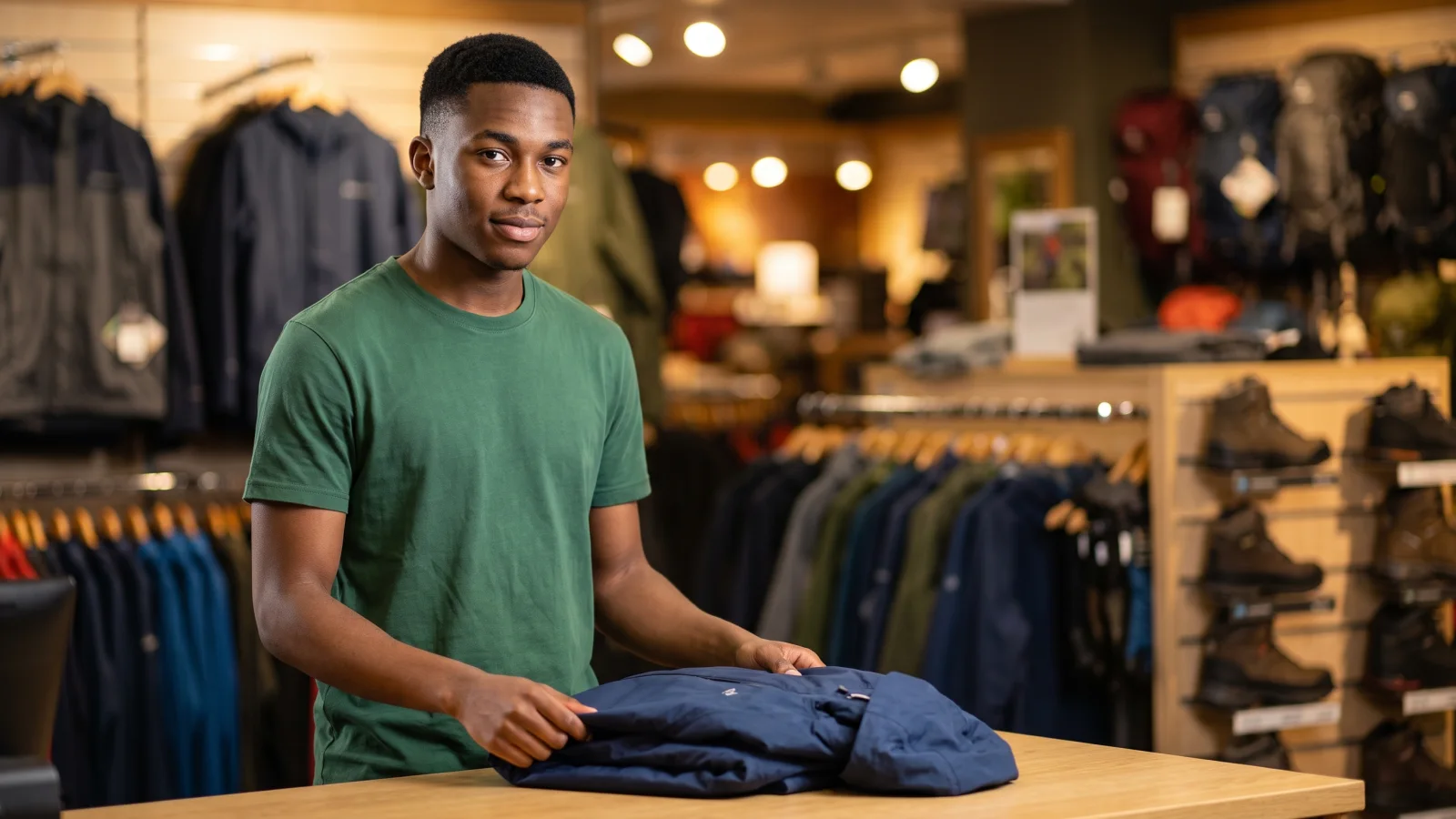 A young man in a plain forest-green t-shirt folds a waterproof jacket at the till of a UK outdoor clothing shop, smiling towards the camera.