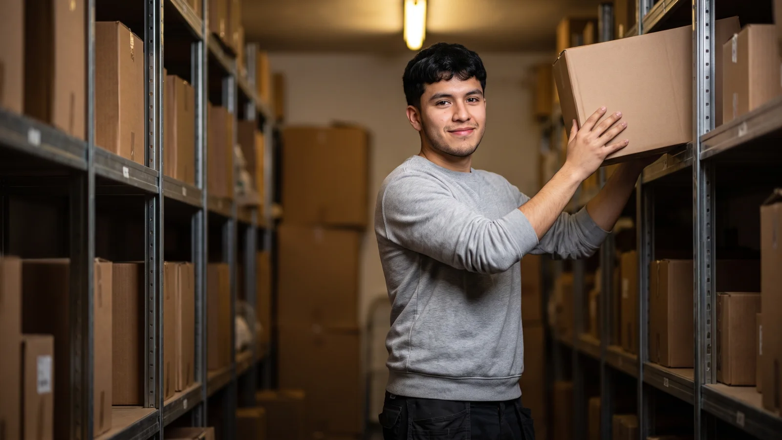 A young man in a plain grey sweatshirt lifts a cardboard box onto metal shelving in the stockroom behind a UK high street shop.