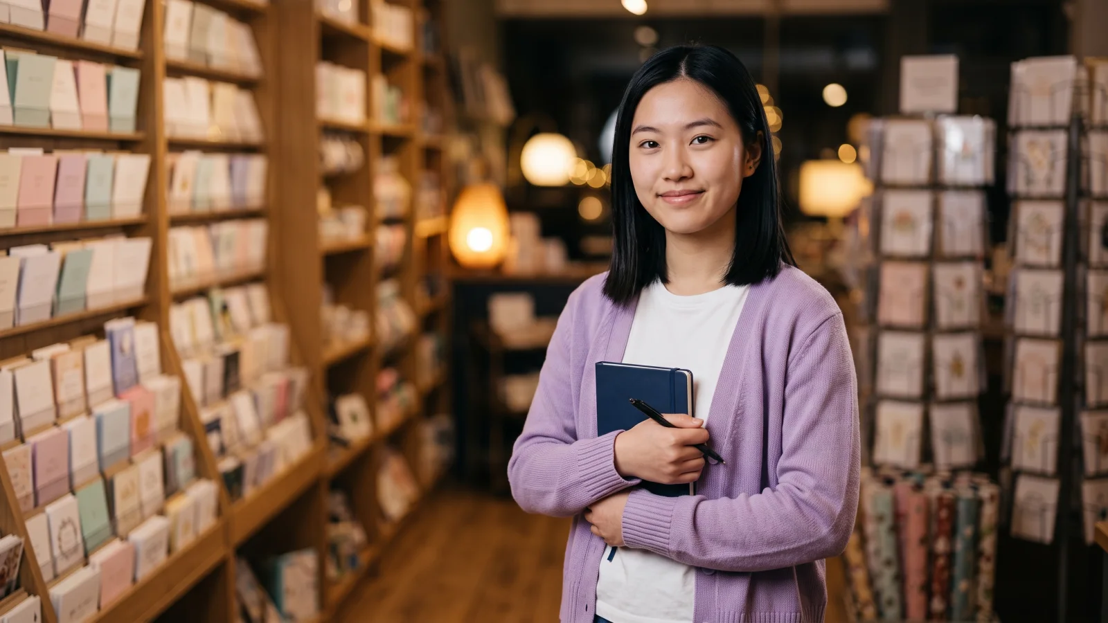 A young woman in a plain lilac cardigan holds a small notebook and pen beside shelves of greeting cards in a quiet UK card and gift shop.