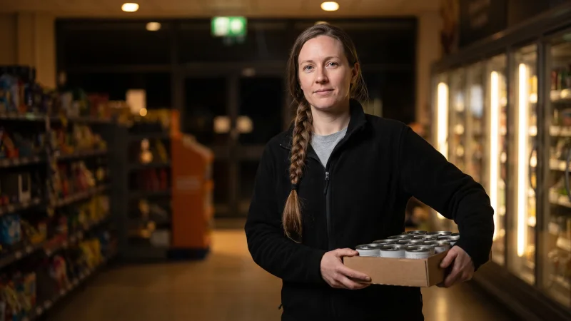 A night-shift shop worker in a plain black fleece holds a tray of stock at the end of a quiet supermarket aisle after closing time.