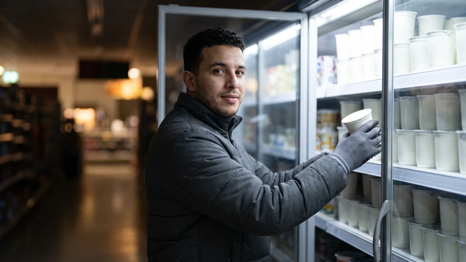 A night worker in a thermal jacket lines up yoghurt pots at the front of an open chilled cabinet in an empty supermarket at night.