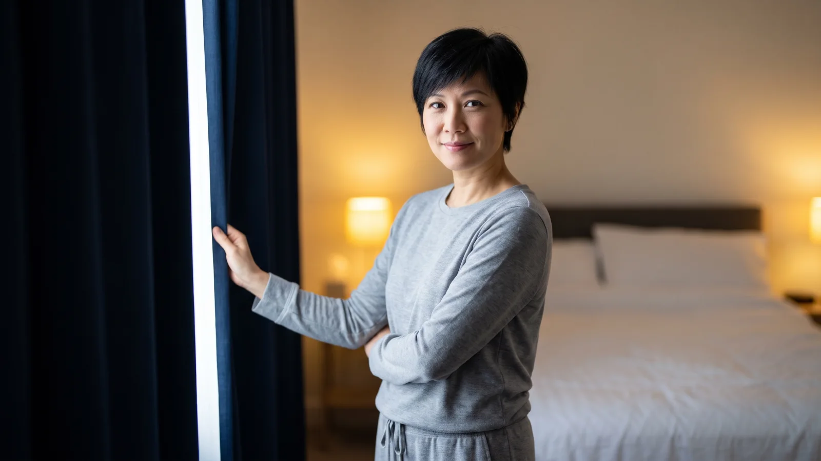 A woman in plain grey loungewear draws thick blackout curtains in her bedroom in the morning, getting ready to sleep after a night shift.