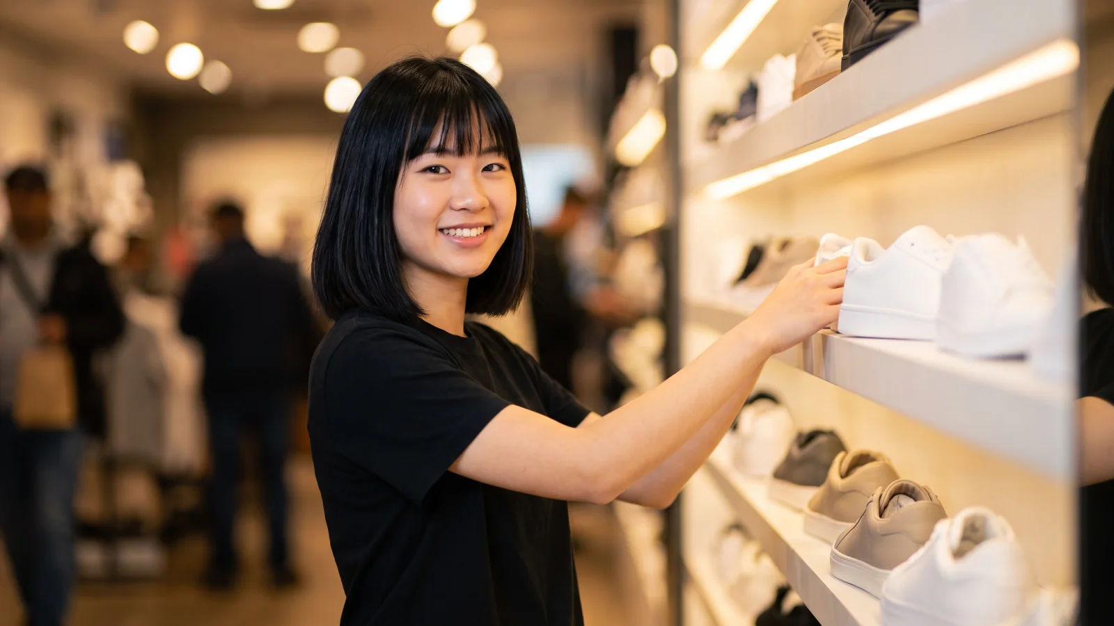 A young sales assistant in a plain black t-shirt places a plain white trainer on a lit shoe wall in a UK sports shop on a Saturday.