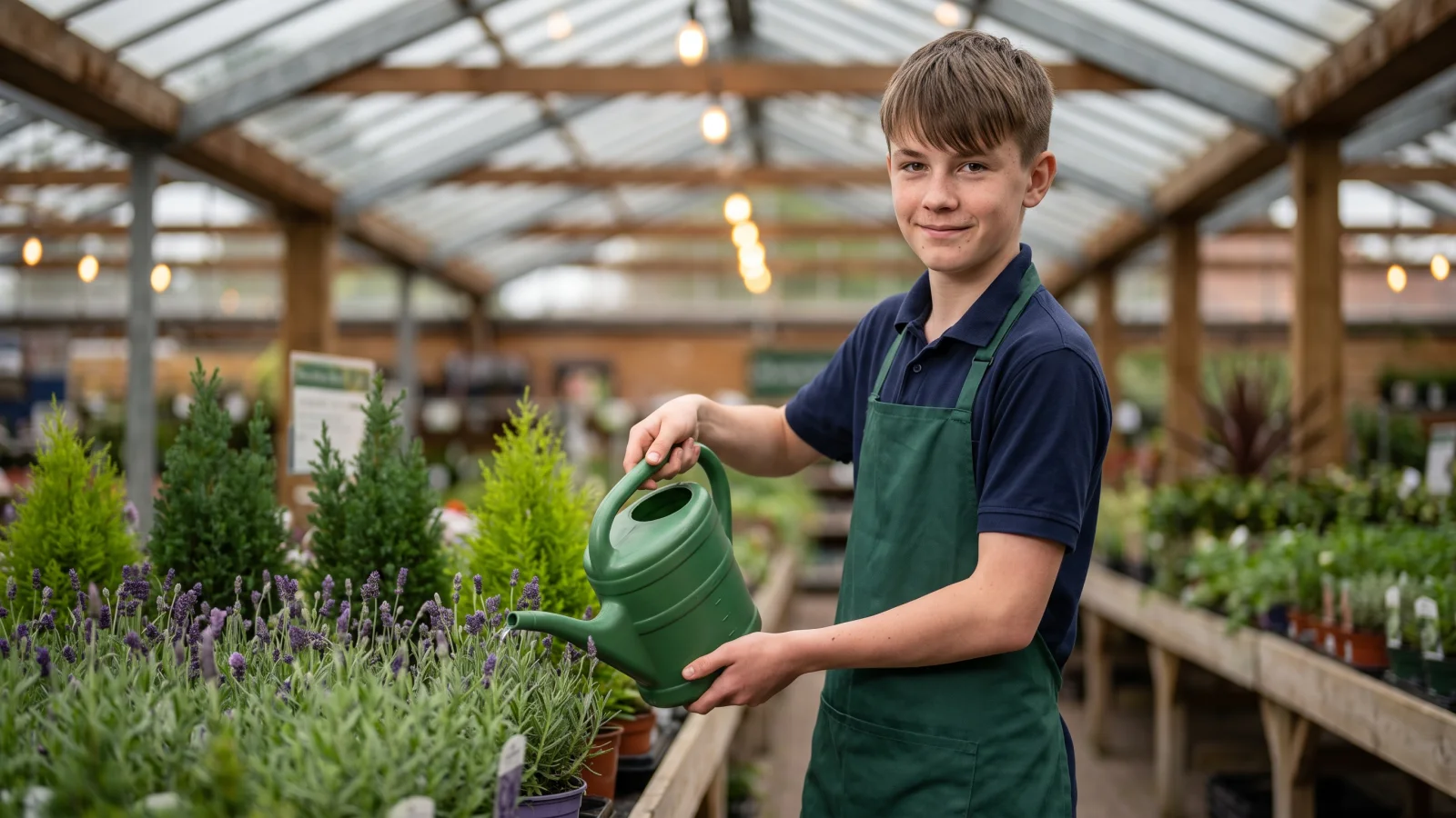 A 16-year-old in a plain navy polo shirt waters trays of potted plants in a UK garden centre on a bright Sunday morning.