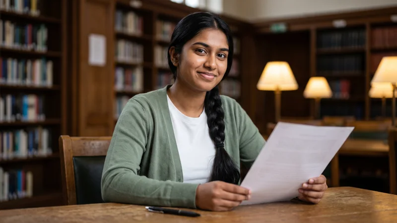 A young woman with a long black braid sits at a library table holding a single printed page, bookshelves softly blurred behind her.
