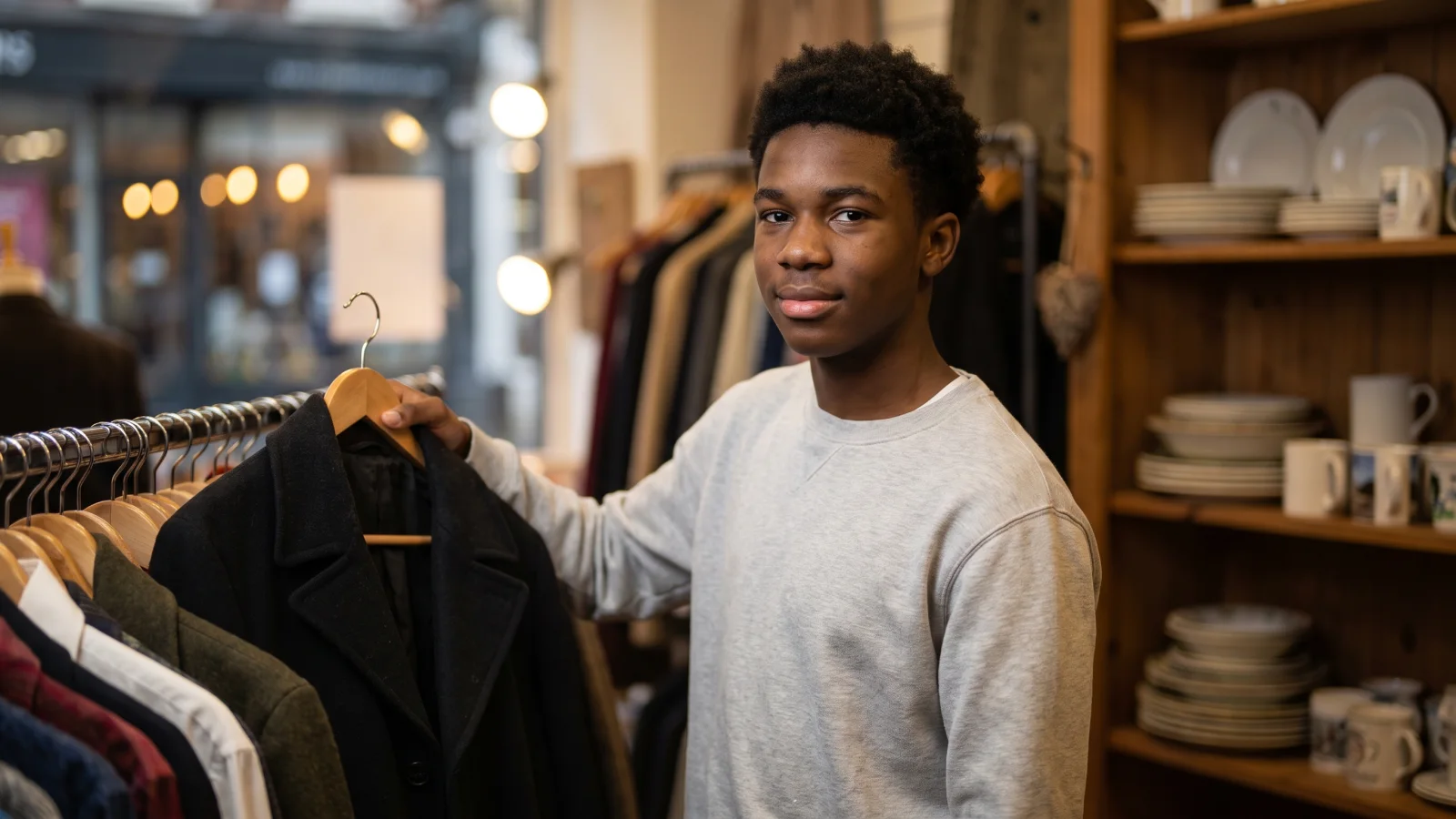 A teenage volunteer in a plain grey sweatshirt hangs donated coats on a clothes rail inside a small UK charity shop.
