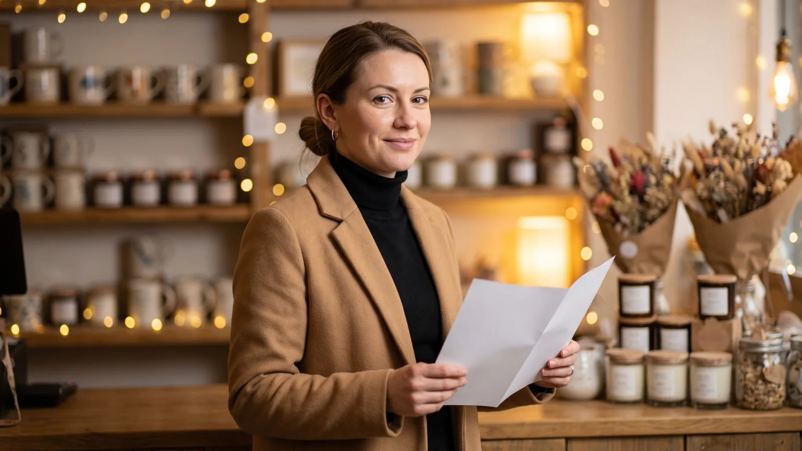 A woman in a camel coat stands at the counter of a small independent gift shop, holding a folded sheet of paper ready to hand in.