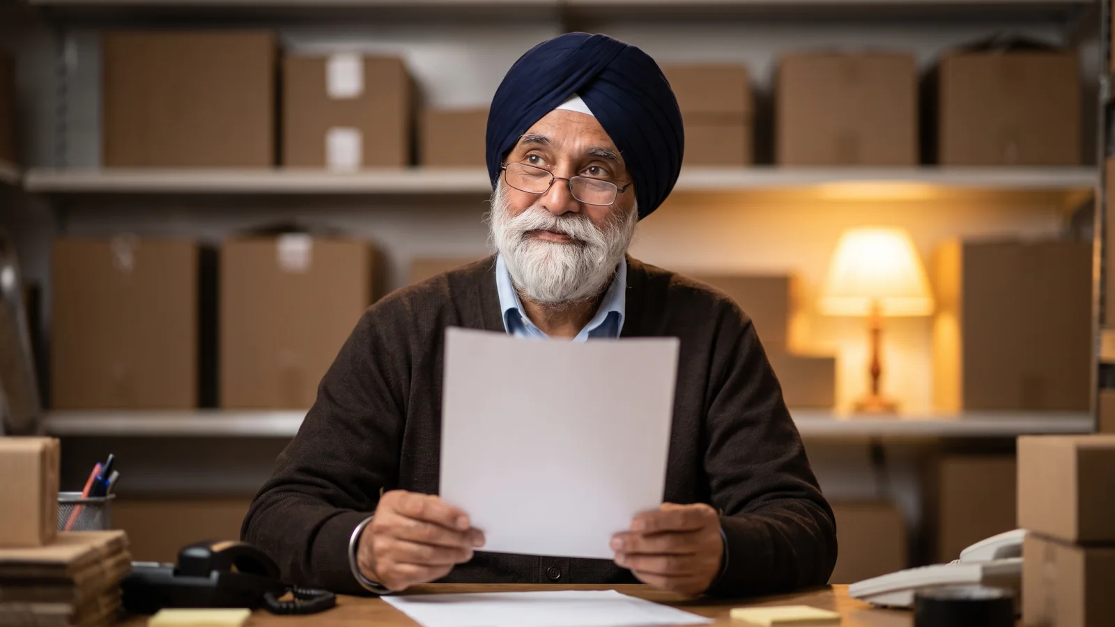 An older shop owner in reading glasses and a navy turban reads a one-page CV in the back office of a small corner shop.