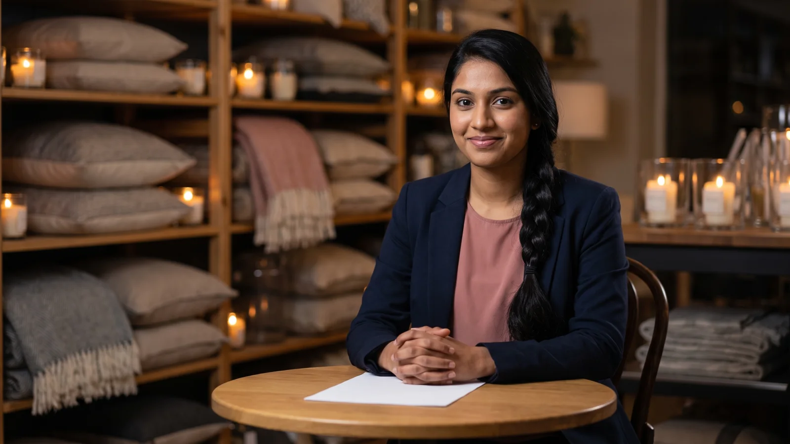 A young woman in a navy blazer sits at a small table on the shop floor of a homeware shop before opening, ready for her job interview.