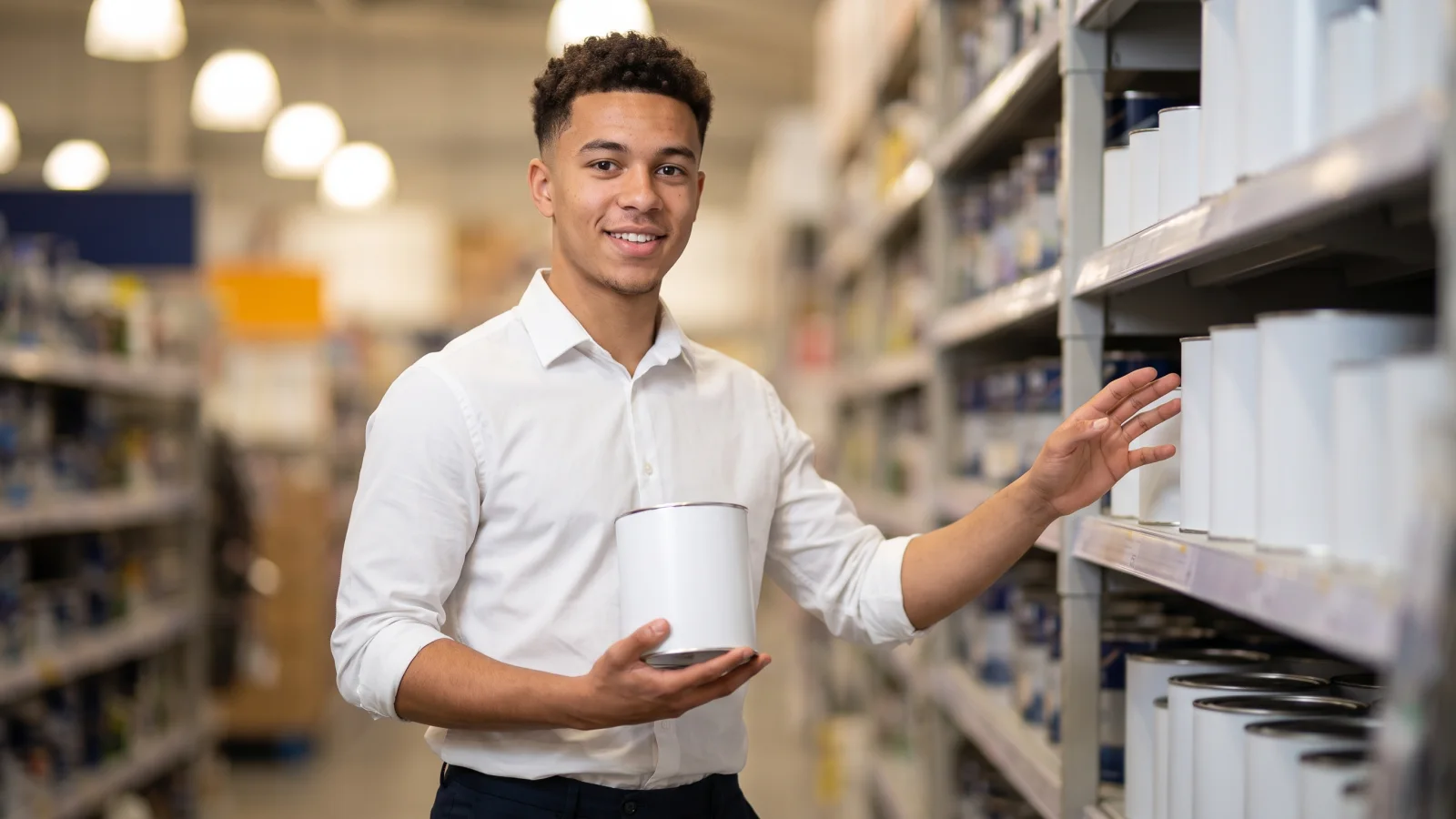 A young man in a white shirt holds a paint tin in a DIY store aisle during a customer service role-play at his interview, smiling calmly.
