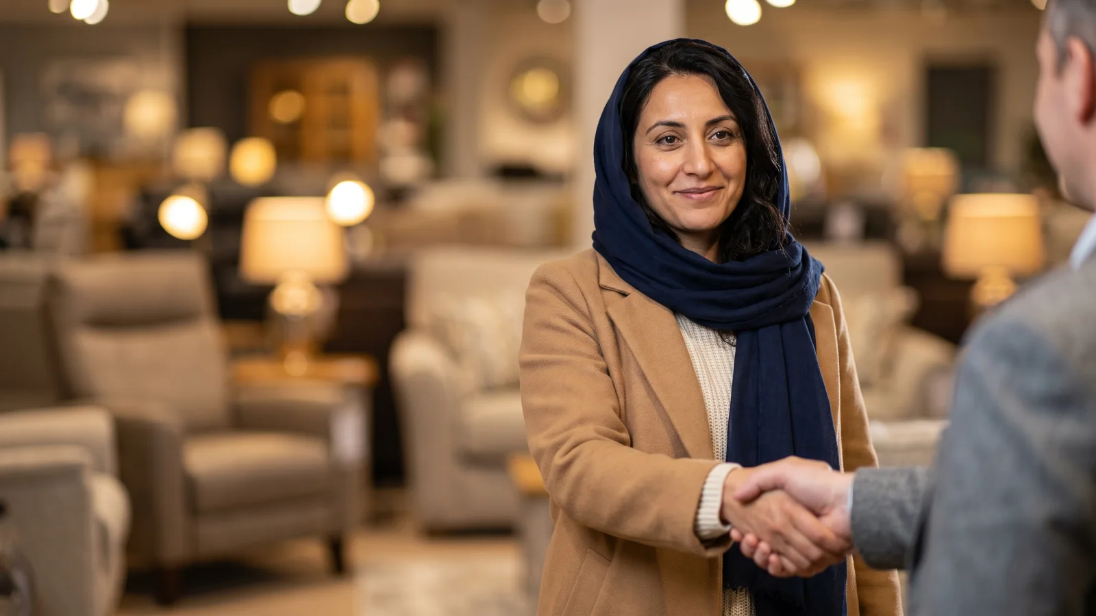 A woman in a navy headscarf smiles and shakes hands with a manager at the end of her interview in a bright furniture store.