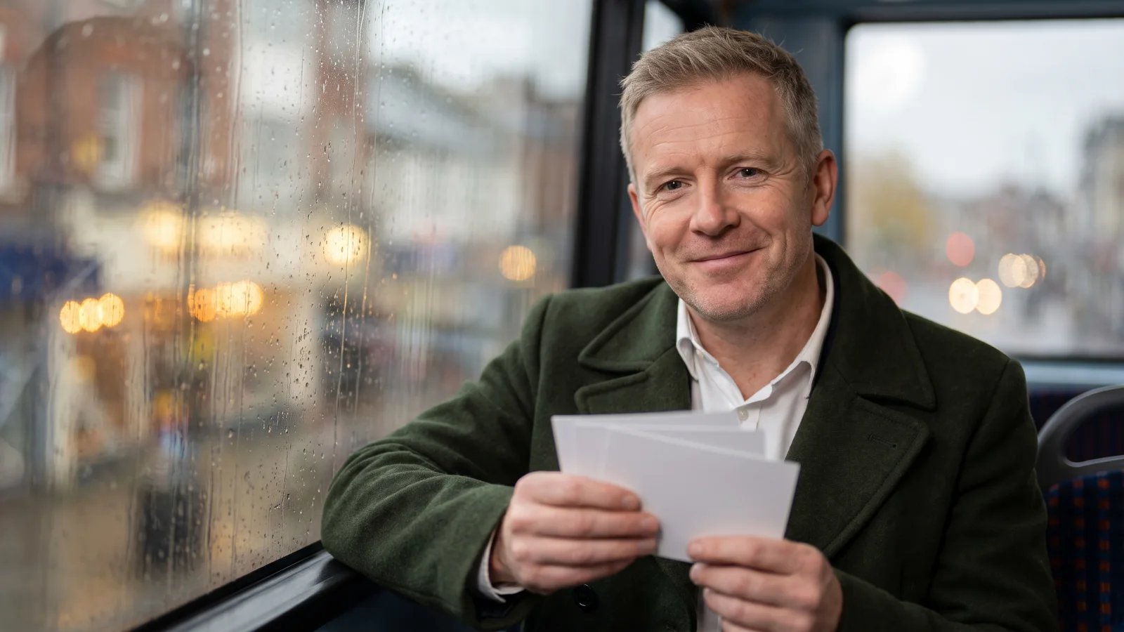 A man in his late forties sits on the top deck of a bus holding a few blank index cards, going over his interview answers on the way there.
