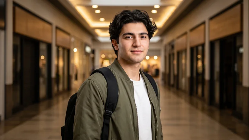 A young man in a plain olive jacket stands in a bright UK shopping centre walkway, smiling with a backpack on one shoulder, ready to look for his first job.