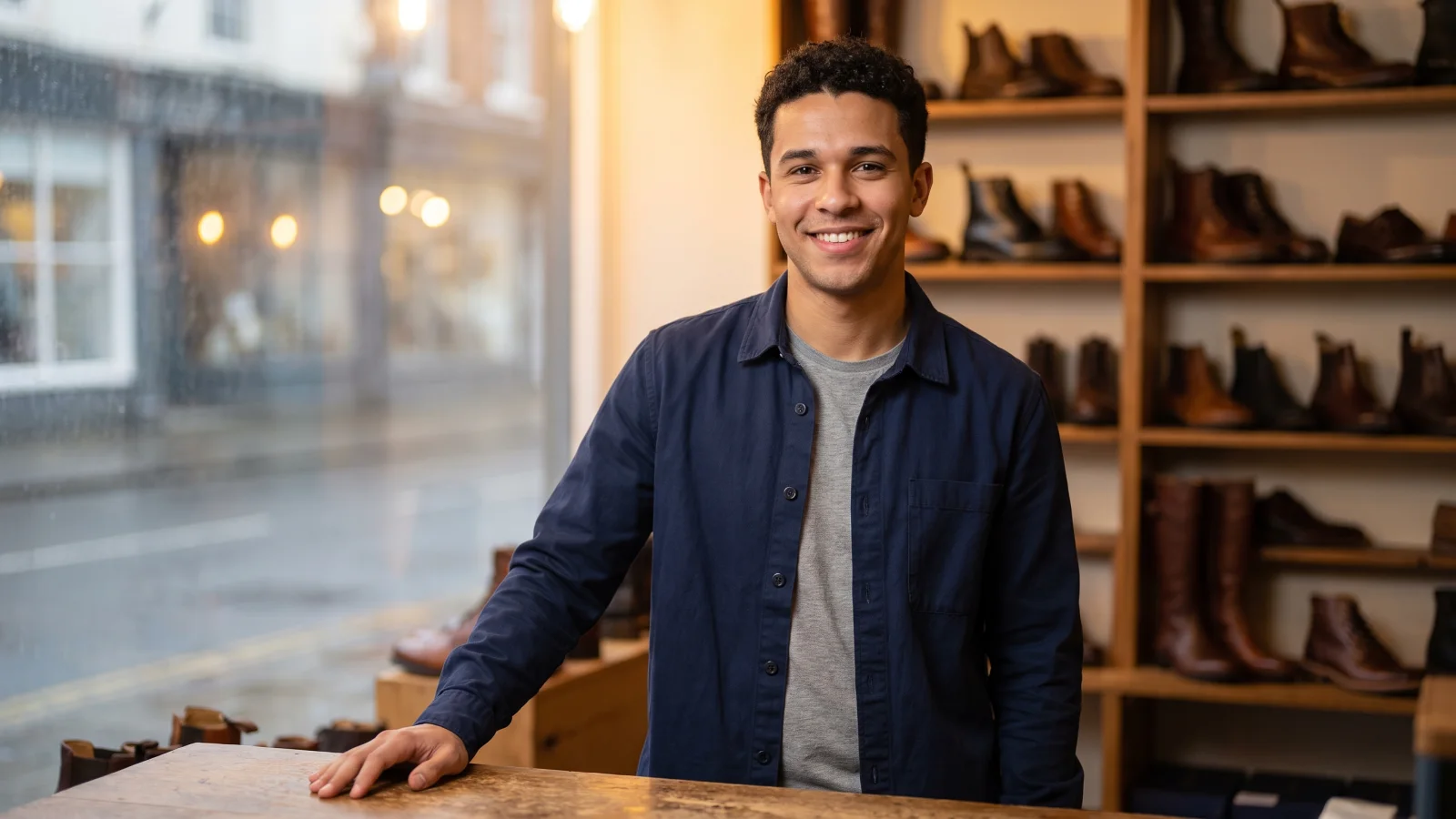 A young man in a plain navy overshirt stands at the counter of a small independent shoe shop, asking how to apply for a job.