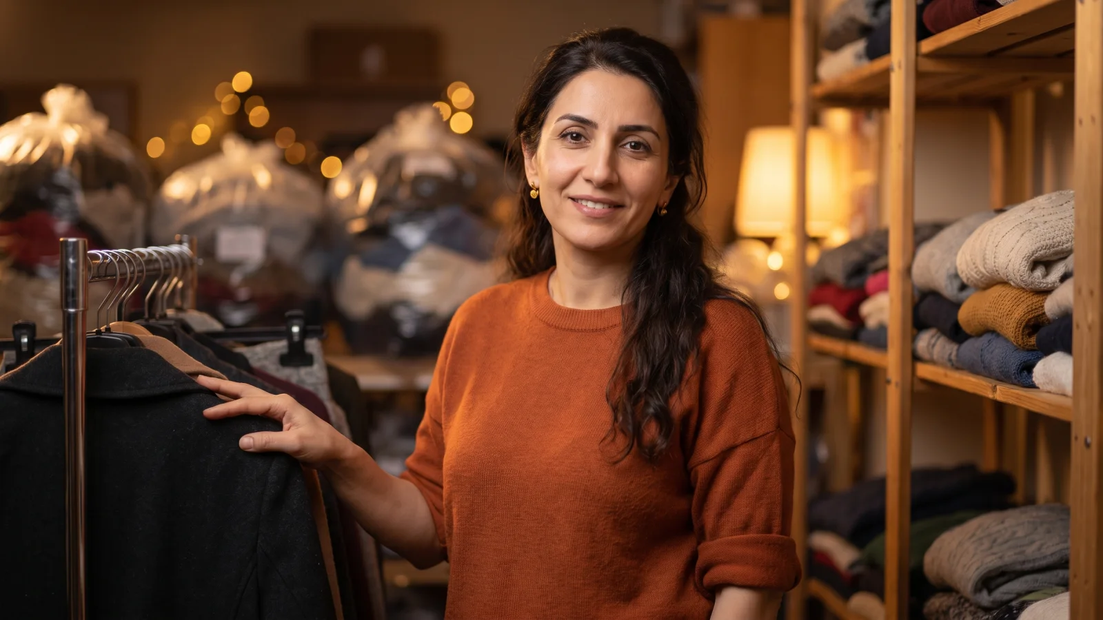 A woman volunteer with a donated coat on a clothes rail smiles in the back room of a UK charity shop, with folded knitwear behind her.