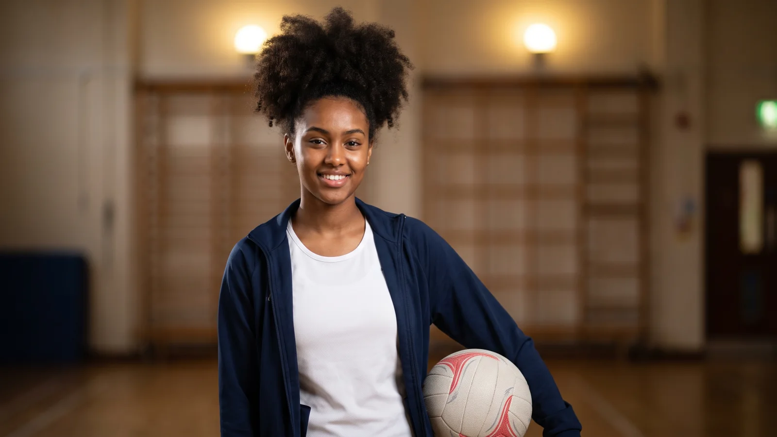 A teenage girl in a plain white sports top holds a netball in a school sports hall, the kind of team role that shows leadership on a CV.