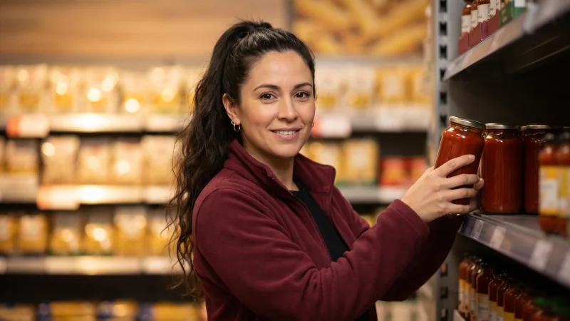 A supermarket worker in a plain maroon fleece holds a jar of pasta sauce in a brightly lit UK supermarket aisle of dry food.
