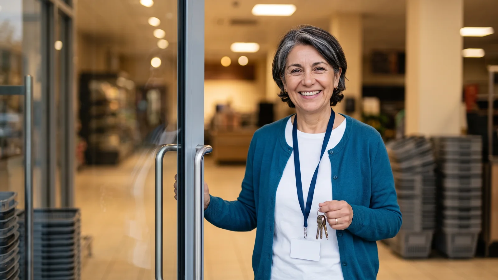 An older shop worker in a plain teal cardigan unlocks the glass doors of a UK supermarket early on a quiet Sunday morning.
