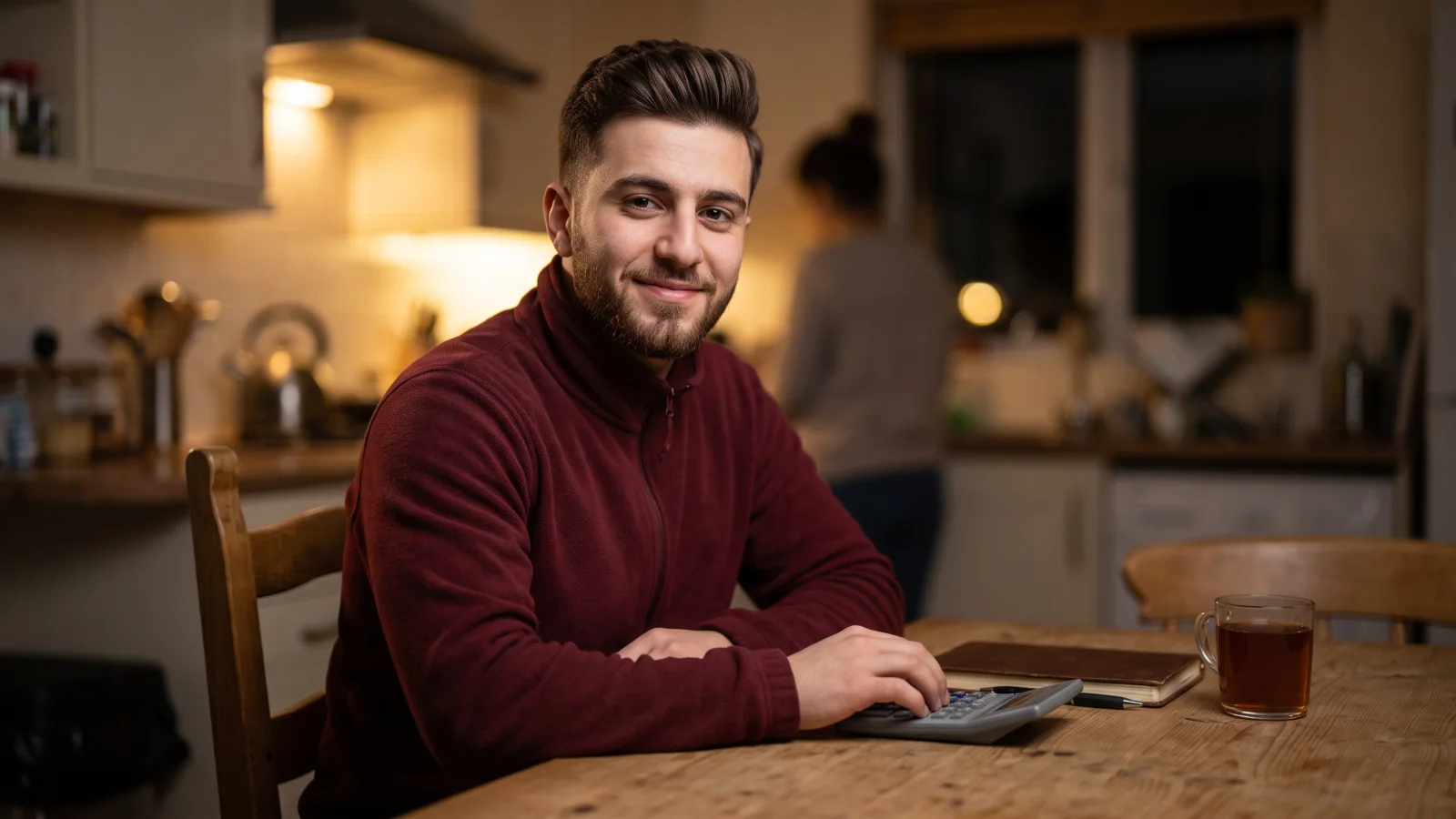 A young man in a plain work fleece sits at a kitchen table with a calculator and a notebook, working out his weekly pay after a shift.