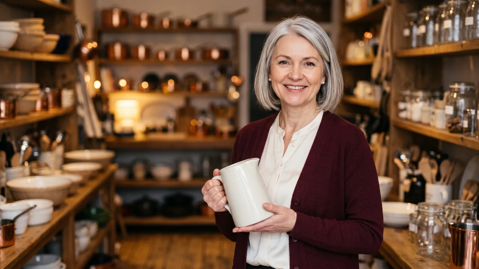 A retail worker in her fifties in a plain burgundy cardigan holds a white stoneware jug in a UK kitchenware shop, shelves of crockery behind her.
