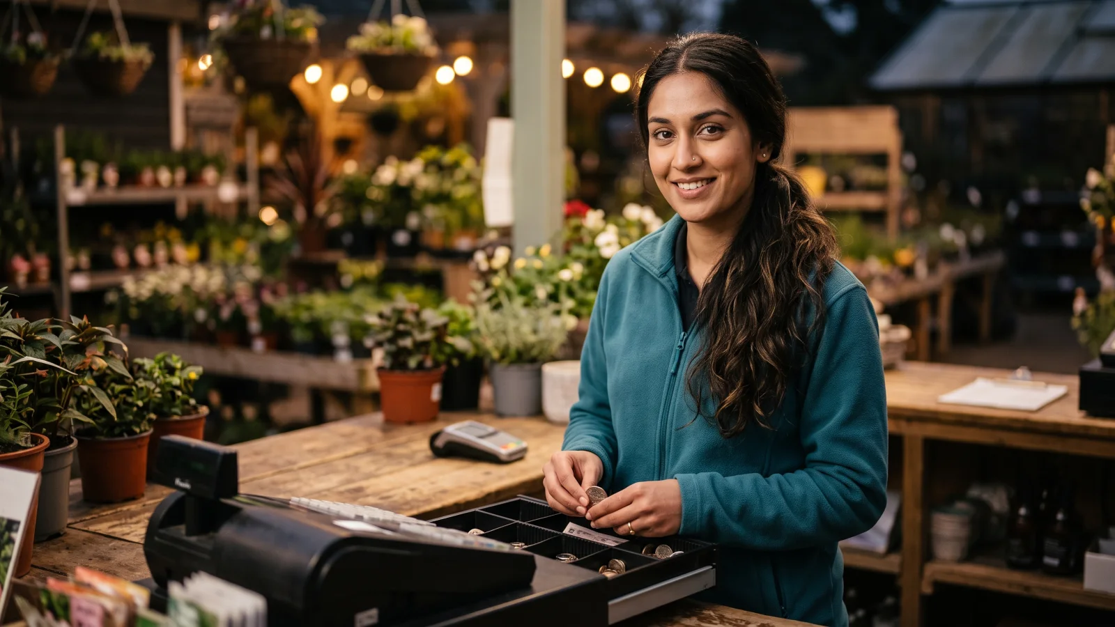 A cashier in a plain teal fleece counts coins into an open cash drawer at a garden centre checkout at the end of the day.