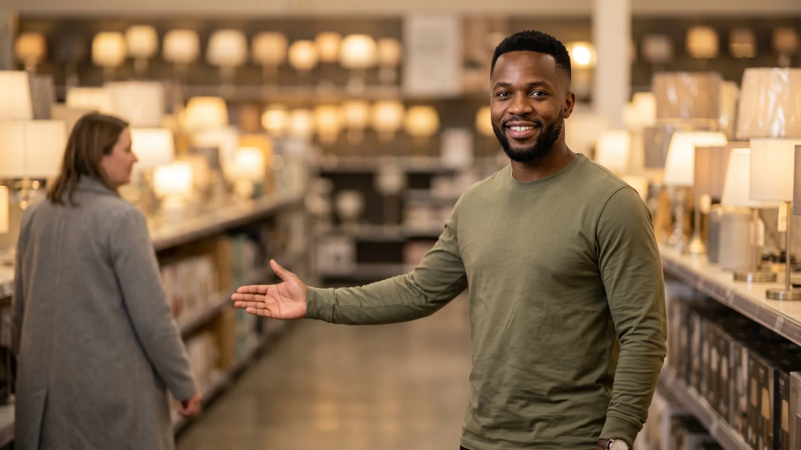 A shop assistant in a plain olive shirt gestures along an aisle of table lamps in a UK homeware store, a shopper blurred beside him.