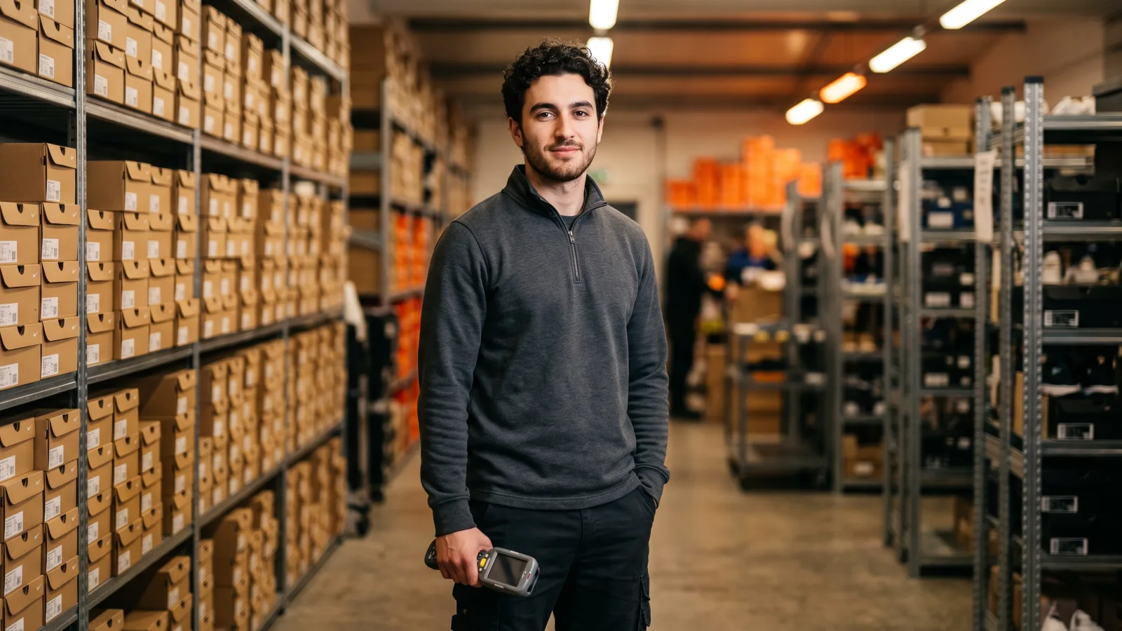 A young stockroom worker holds a hand-held scanner beside tall shelves of plain shoeboxes in the back of a UK sportswear shop.