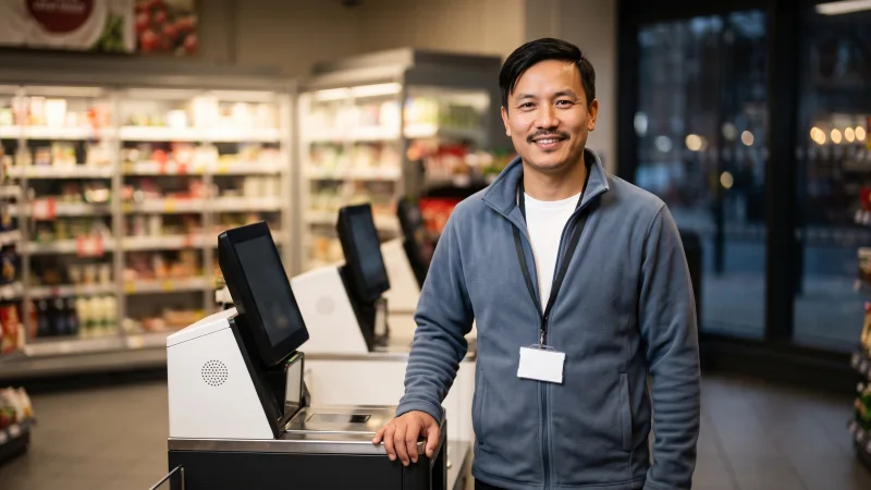A shop worker in a plain slate-blue fleece stands beside a row of self-service checkout machines in a small UK city-centre supermarket in the evening.