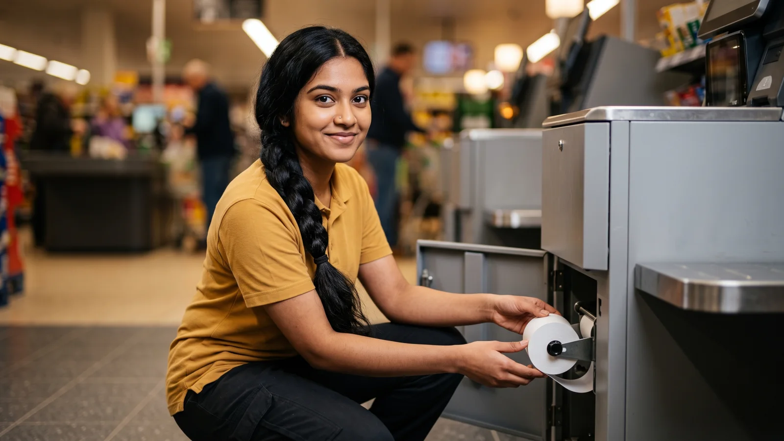 A young worker crouches beside a self-checkout machine with its front panel open, changing the receipt roll, and looks up at the camera.