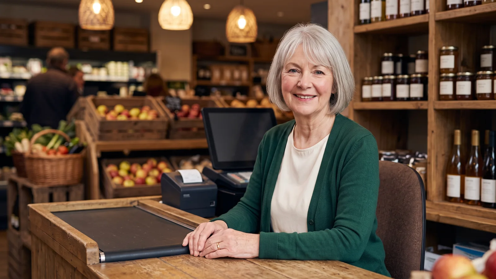 An older cashier in a plain dark green cardigan smiles from a staffed till in a small northern English food shop with wooden shelves behind her.