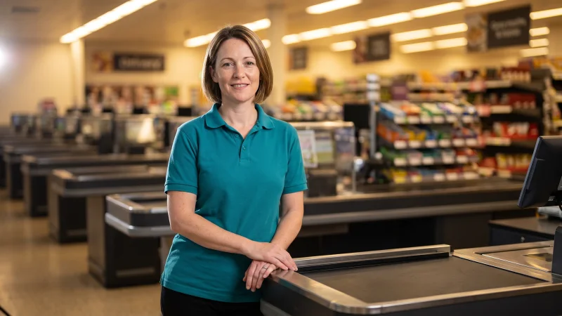A checkout worker in a plain teal polo shirt stands behind a supermarket till on a rubber mat, relaxed and upright during a long shift.