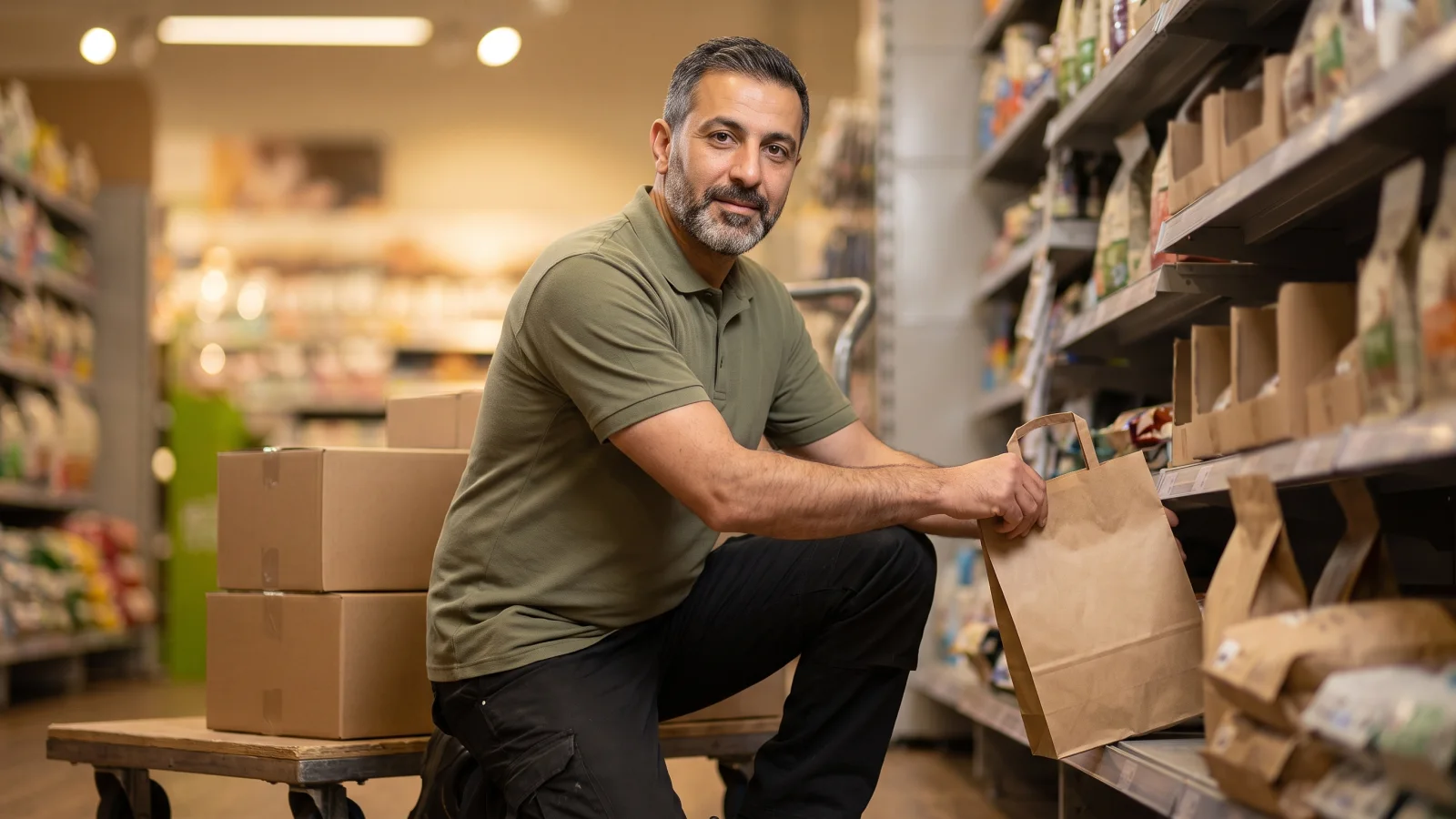 A shop worker kneels on one knee beside a stock trolley to fill a bottom shelf in a pet supplies aisle, keeping his back straight.