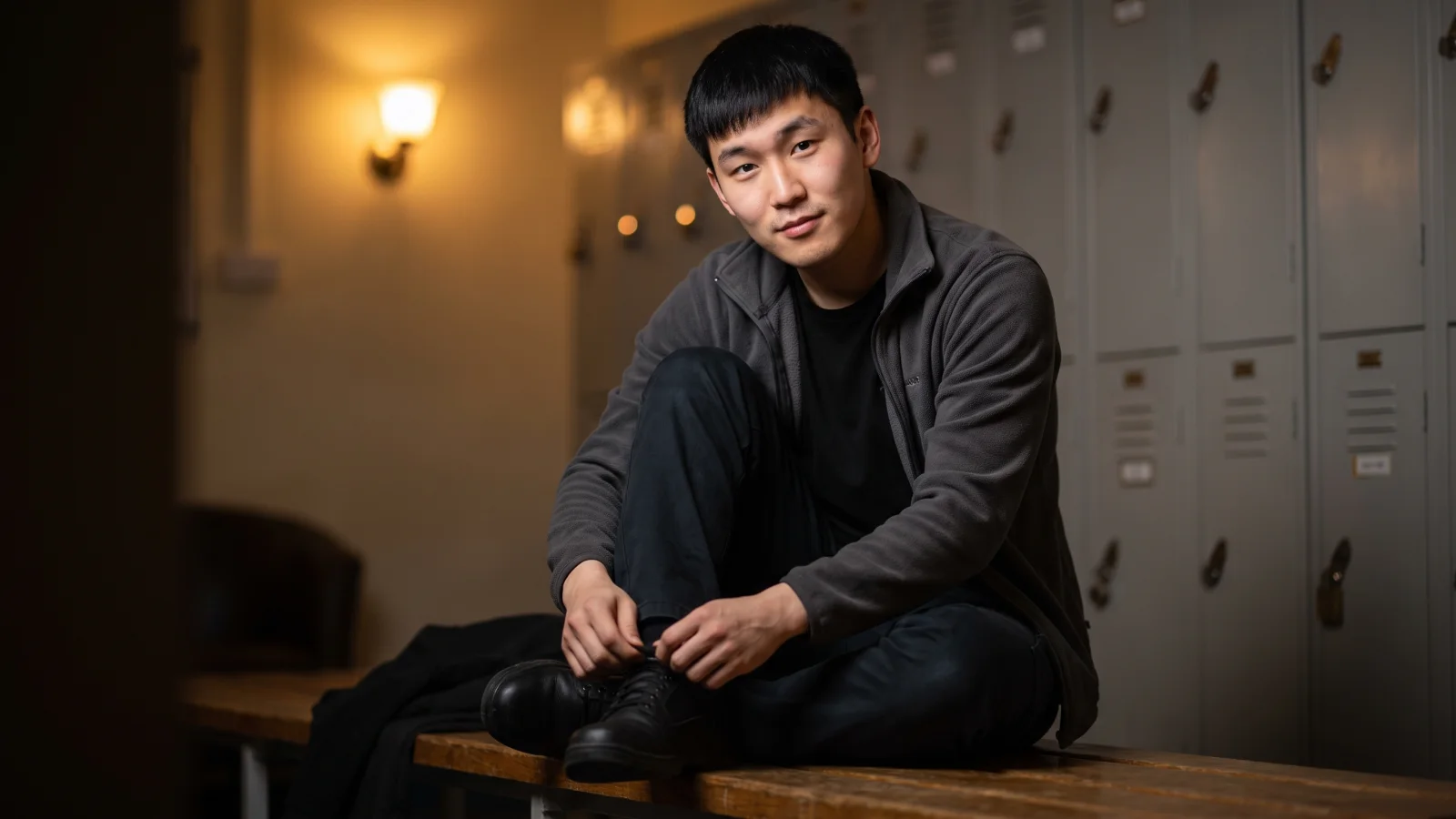 A young shop worker sits on a staffroom bench lacing up plain black cushioned work shoes before his shift, lockers blurred behind him.