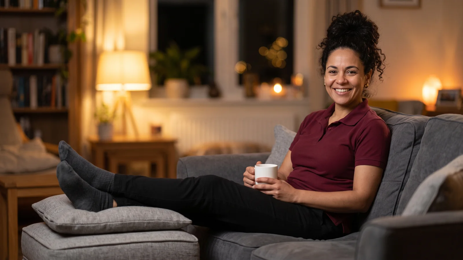 A woman home from a shop shift rests on her sofa with her feet raised on a cushion and a mug of tea, in a warmly lit living room.