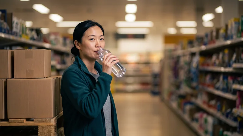 A night-shift worker in a plain teal fleece holds a bottle of water beside a pallet of stock in an empty supermarket aisle in the early hours.