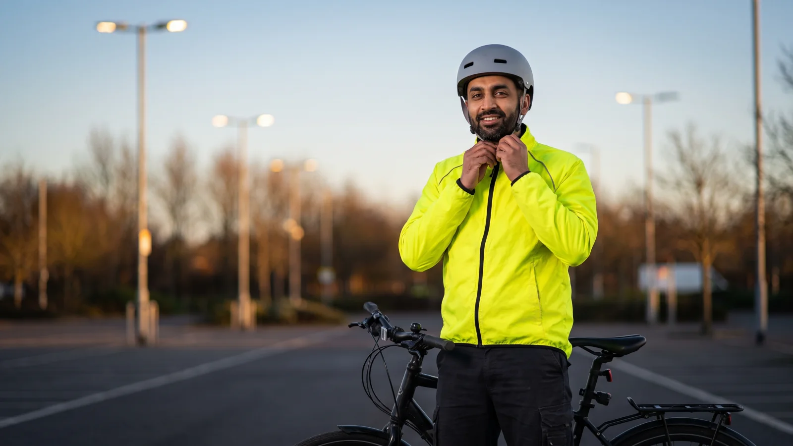 A night worker in a bright yellow jacket fastens his cycle helmet beside his bike in an empty car park at dawn after his night shift.
