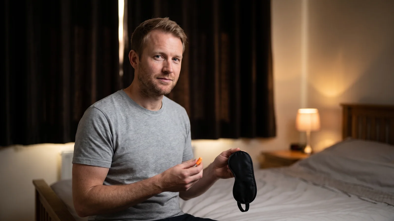 A man in a plain grey t-shirt sits on the edge of his bed in a darkened bedroom in the morning, holding foam earplugs and an eye mask.