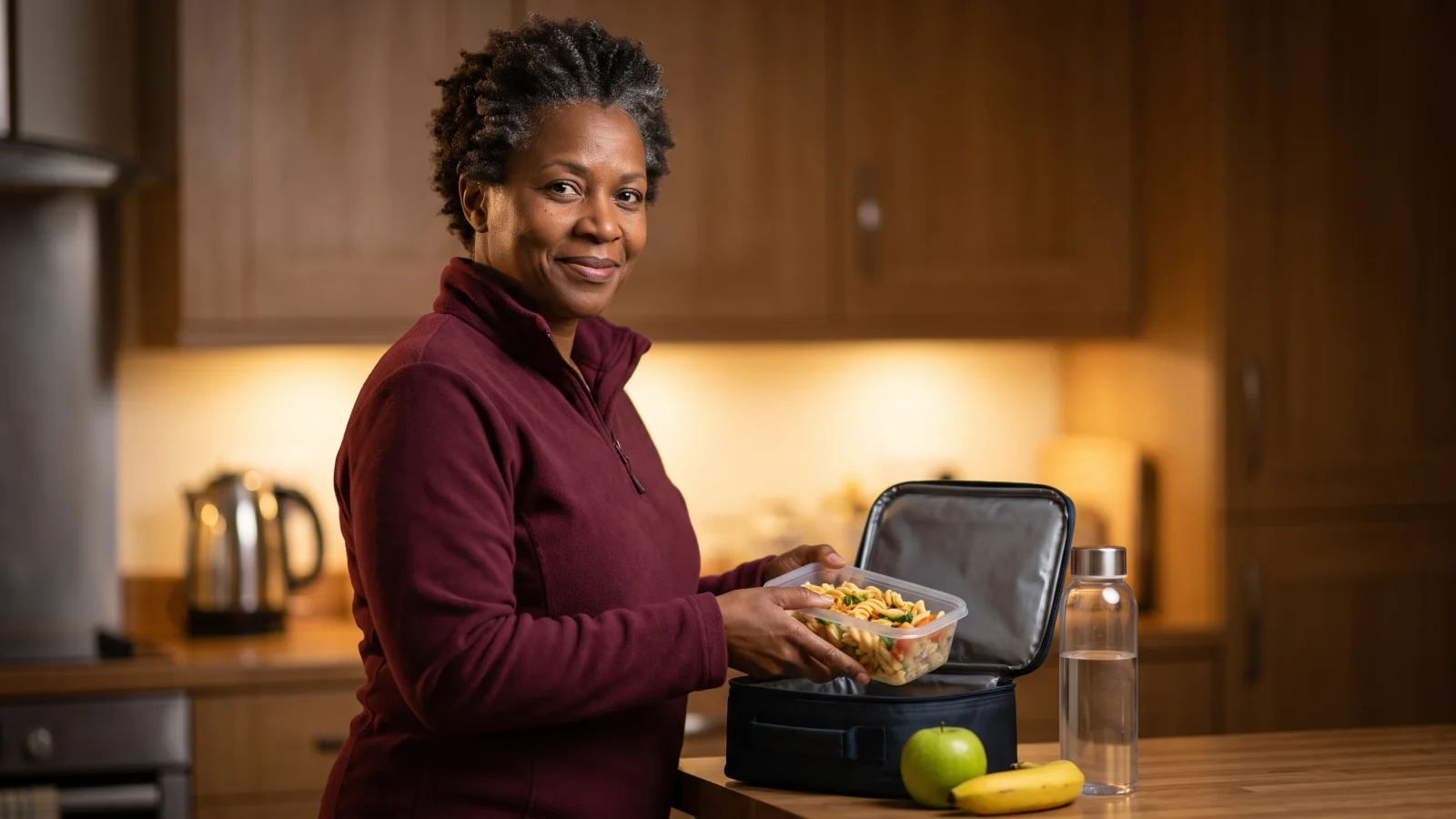 A woman in a plain burgundy fleece packs a pot of pasta salad and an apple into a lunch bag at her kitchen counter in the evening.
