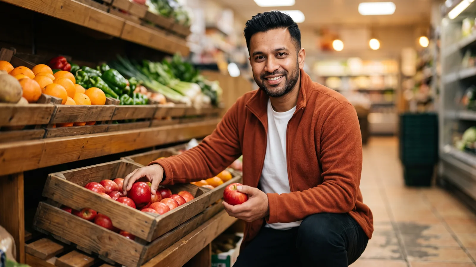 A part-time worker in a plain rust-coloured fleece arranges red apples in a wooden crate in the fruit and veg aisle of a UK supermarket.
