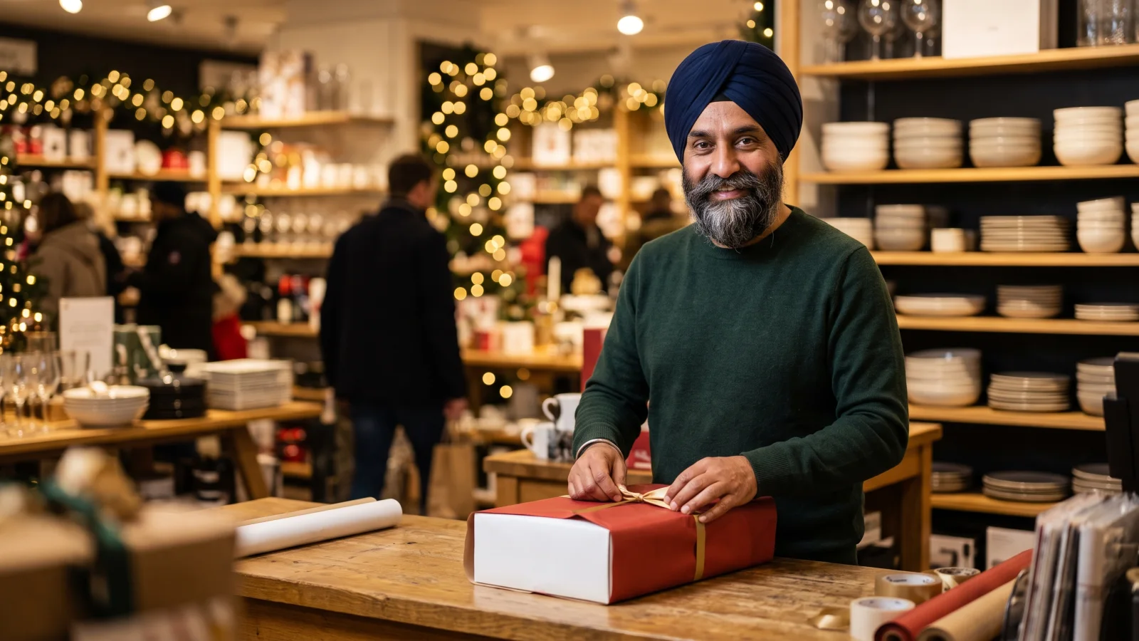 A Sikh shop worker in a navy turban wraps a boxed gift in plain red paper at a department store counter on a busy December evening.